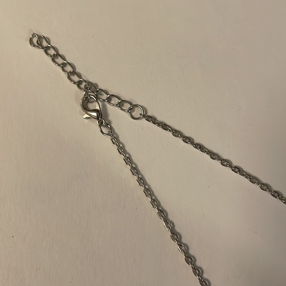 Upcycled & Reimagined Silvertone Necklace w Silver Blooms & 3 Crystal Drop - Picture 3 of 3